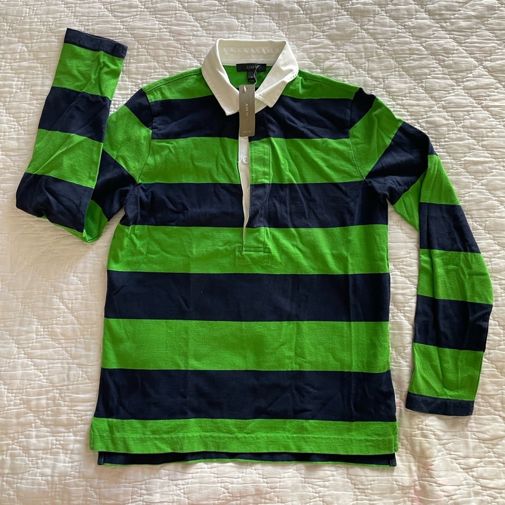 NEW/Unused J Crew rugby long sleeved shirt. Green/navy/white collar, size small
